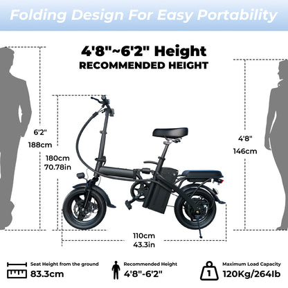 1Year Warranty 500W Adult Electric Bike 20MPH 48V10.4Ah with Dual Disc Brake 14 Inches Folding Electric Bike 22 Mile Range