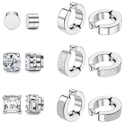 1 Pairs Stainless Steel Magnetic Stud Earrings For Men Women Hoop Earrings Clip On CZ Non-Piercing Steel All Ages