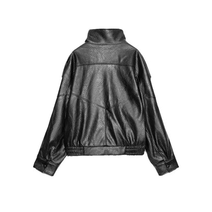 Vintage Leather Bomber Jacket – Women's PU Leather Zip Jacket With Belt & Patchwork Design