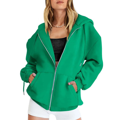 Fashion Gray Zip Up Sweatshirt Women Autumn Winter Jacket Clothes Hoodies Daily Pockets Long Sleeve Solid Versatile Lady Hoodies