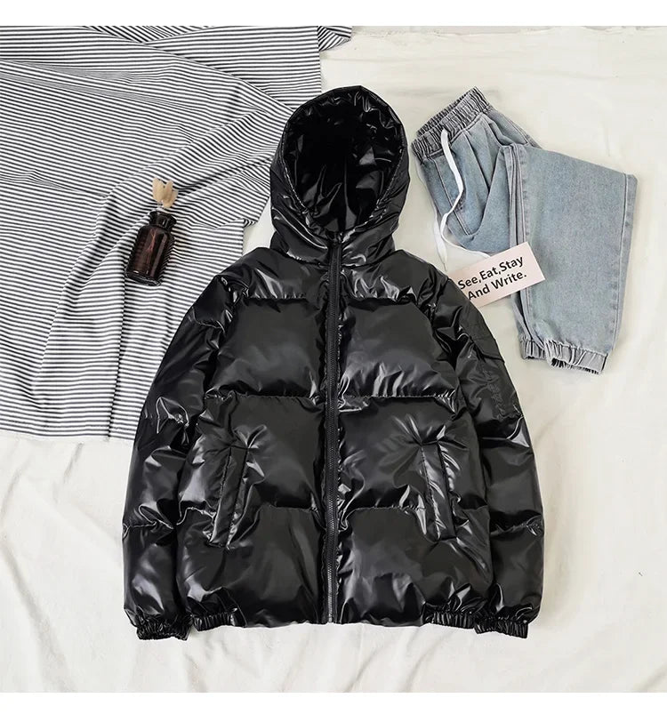 Streetwear Fashion Bright Silver Puffer Jackets for Men Thicken Winter Mens Coats Casual Hooded Cotton Wadded Heated Jacket Men