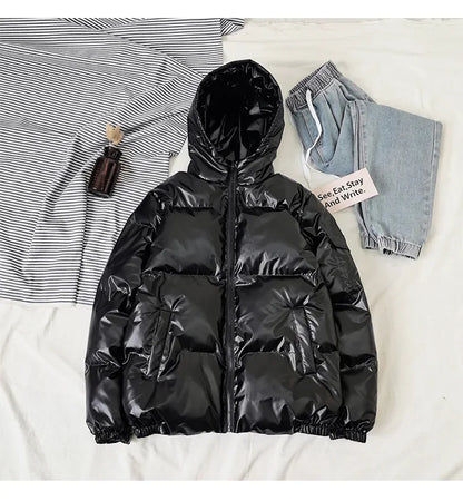 Streetwear Fashion Bright Silver Puffer Jackets for Men Thicken Winter Mens Coats Casual Hooded Cotton Wadded Heated Jacket Men