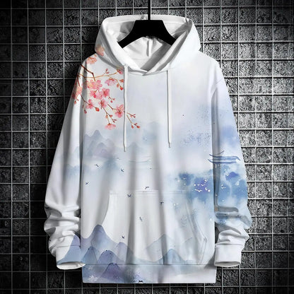 Autumn Hoodies For Men 3d Landscape Ink Print Street Designer Long Sleeved Loose Oversized Pullover Fall Fashion Men's Clothing
