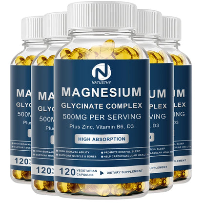 Magnesium Glycinate Supplement 500mg & Zinc, Vitamin D3 B6 High Absorption Support for Women & Men Mineral Vegan Capsules