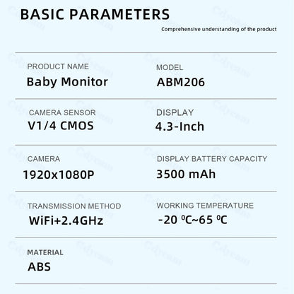 1080P HD WiFi Baby Monitor Phone APP Remote View 4.3" Nanny Night Light VOX HD Night Vision Lullabies Temperature Monitor Camera