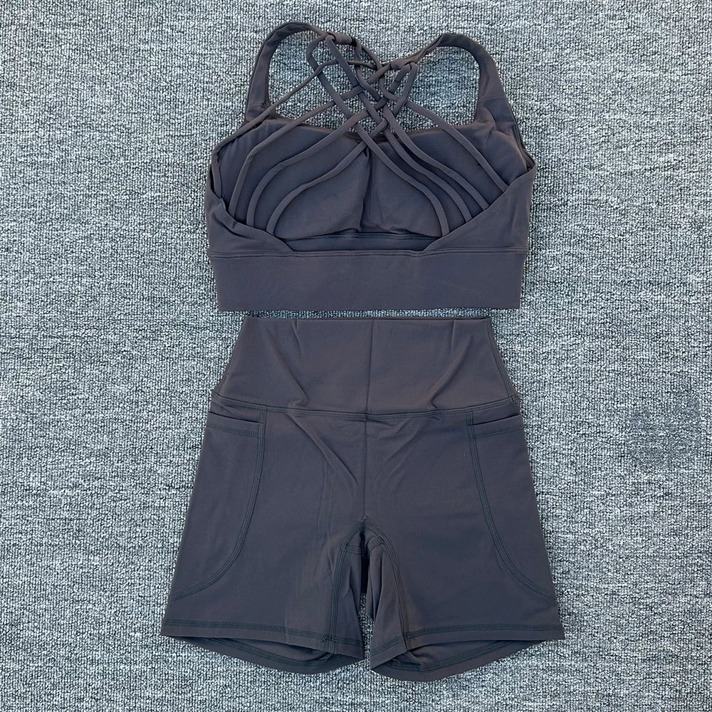 2 PCS Women's Nylon Yoga Set Sexy Sport Bra High Waist Sports Shorts Gym Fitness Sleeveless Workout Suit Sporstwear
