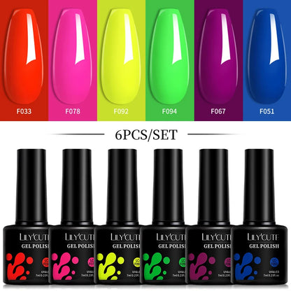 Gel Nail Polish Set - 6Pcs 7ML UV Gel Varnish | Bright Pink Semi Permanent Soak Off
