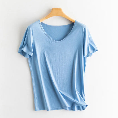 Women's V-Neck T-Shirt – Silk-Linen-Cotton Solid Summer Tee