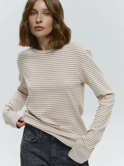 Bornladies Autumn New Fashion Women Cotton Striped Long Sleeve T Shirt Office Casual Simple Round Neck Pullover Tops & Tees