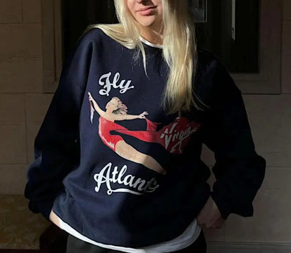 Fly Atlantic Princess Diana Sweatshirt Retro 80s Sporty Crewneck Winter Clothes Women Aesthetic Sweaters Casual Long Sleeve Tops