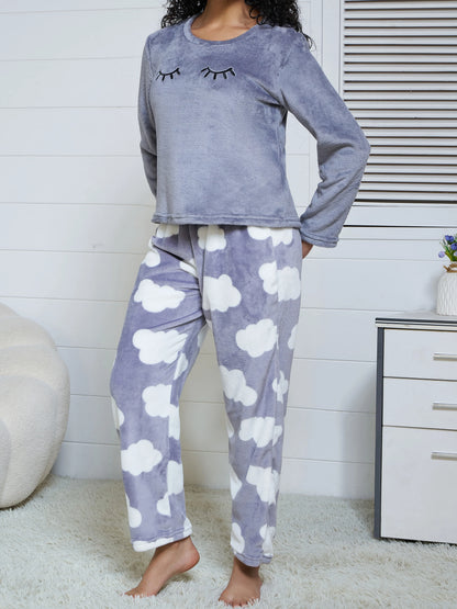 New fall/winter flannel long-sleeved pants and jacket warm set with cloud pattern pajama set soft and comfortable home wear