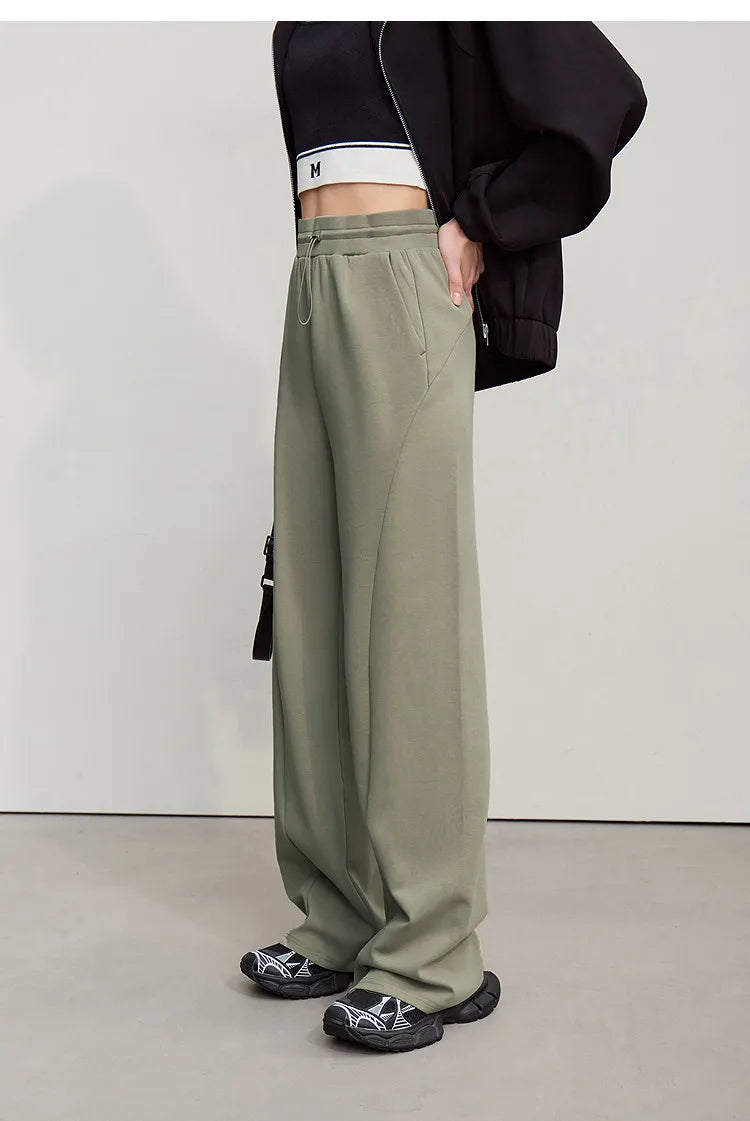 Amii Cotton Pants For Woman 2026 Autumn New Adjustable Rubber Band Waist Casual Pants Long Wide Leg Knit Women Trousers 12641040