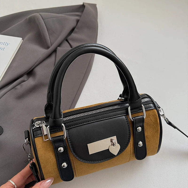 Faux Suede Shoulder Bag - Vintage Style Small Bucket Crossbody With Zipper Closure