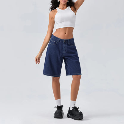 New Fashion Womens Knee Length Denim Shorts Loose Solid Color Low Rise Wide Leg Long Shorts With Pockets For Summer S-2XL