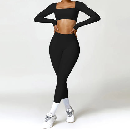 Hearuisavy Summer 2PCS Long Sleeve Gym Set Women Yoga Clothes Quick-Drying Sportswear Running Leggings Workout Sports Crop Top