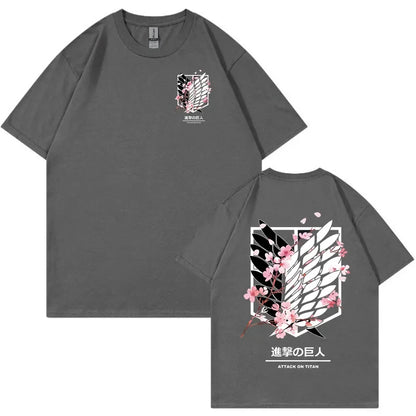 Anime Attack on Titan T-Shirt Ackerman Mikasa Eren Jaeger Cherry Blossom Graphics Logo T Shirt Clothes Men's Cotton T Shirts