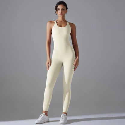 Sexy Backless Bodycon Scrunch Jumpsuit Raises Butt Women Dance Fitness Overalls Push Up Sleeveless Yoga Sport Jump Suit