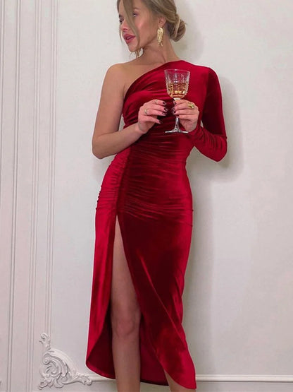 Velvet Bodycon Midi Dress – Elegant Long Sleeve Split Pencil Mid-Calf Sheath Dress