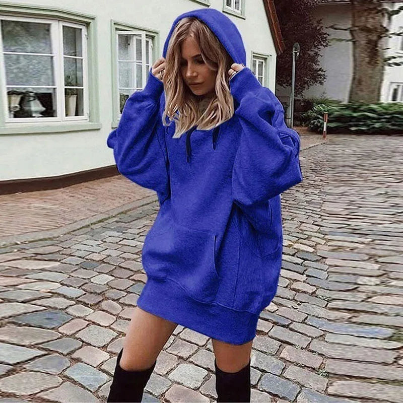 Oversized Hoodie Dress Women Loose Long Sleeve Pocket Drawstring Sweatshirt Dress Casual Streetwear Daily Wear Warm Pullover
