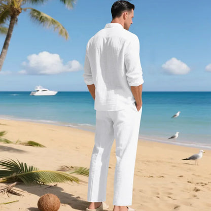 Men's Autumn Loose Trend Linen Solid Color Simple Lapel Long-Sleeved Shirt Beach Trousers Set