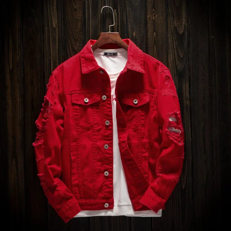 New Men's Jean Jacket Slim Fit Cotton Denim Jacket Red White Black Ripped Hole Jean Coats Men Outerwear Plus Size Streetwear