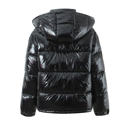 New Winter Fashion Women Bright Light Blue Zipper Up Bread Parka Coat Woman Stand Collar Removable Hooded Long Sleeve Outerwear