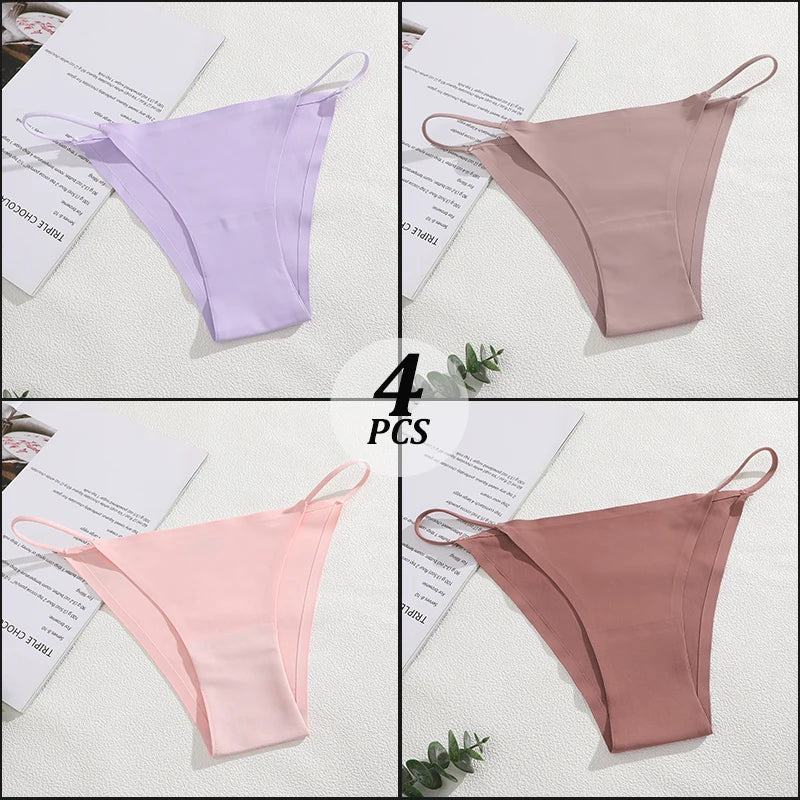 4PCS/Set Seamless Thin Strap Thong Underwear Women Low Rise Briefs Ice Silk Comfortable Panties Multi Color No Trace Lingerie