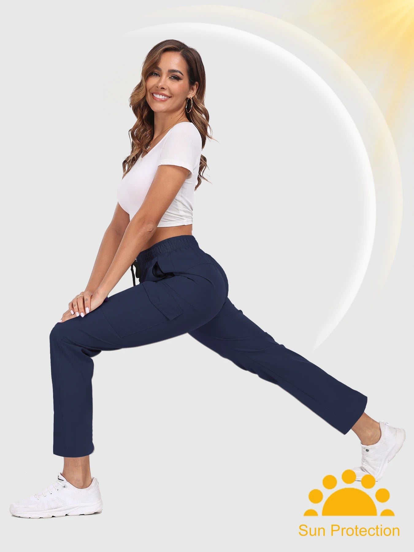 Hiking Pants for Women UPF 50+ Cargo Quick Dry Water Resistant Elastic Waist Zip Pockets Travel Work Lightweight Running