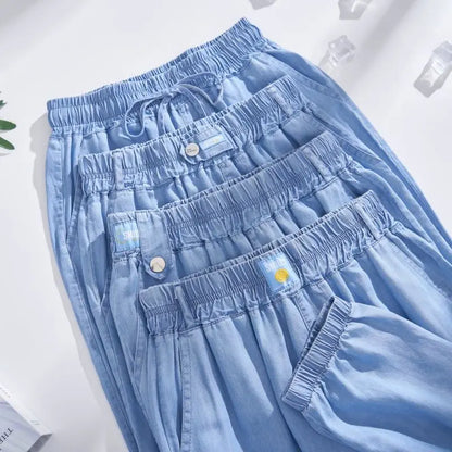 Plus Size Ice Silk Denim Pants Yoga Sports Thin Loose Style Women's Summer Casual Wide Leg Pants Harajuku Style Loose Waist