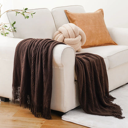 Caramel Knit Throw Blanket - Lightweight Plaid Blanket for Couch and Bed