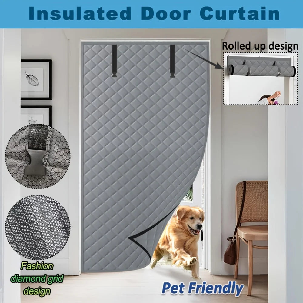 Thermal Door Curtain - Winter Insulated Roll Up Cover with Storage Buckle, Easy Install