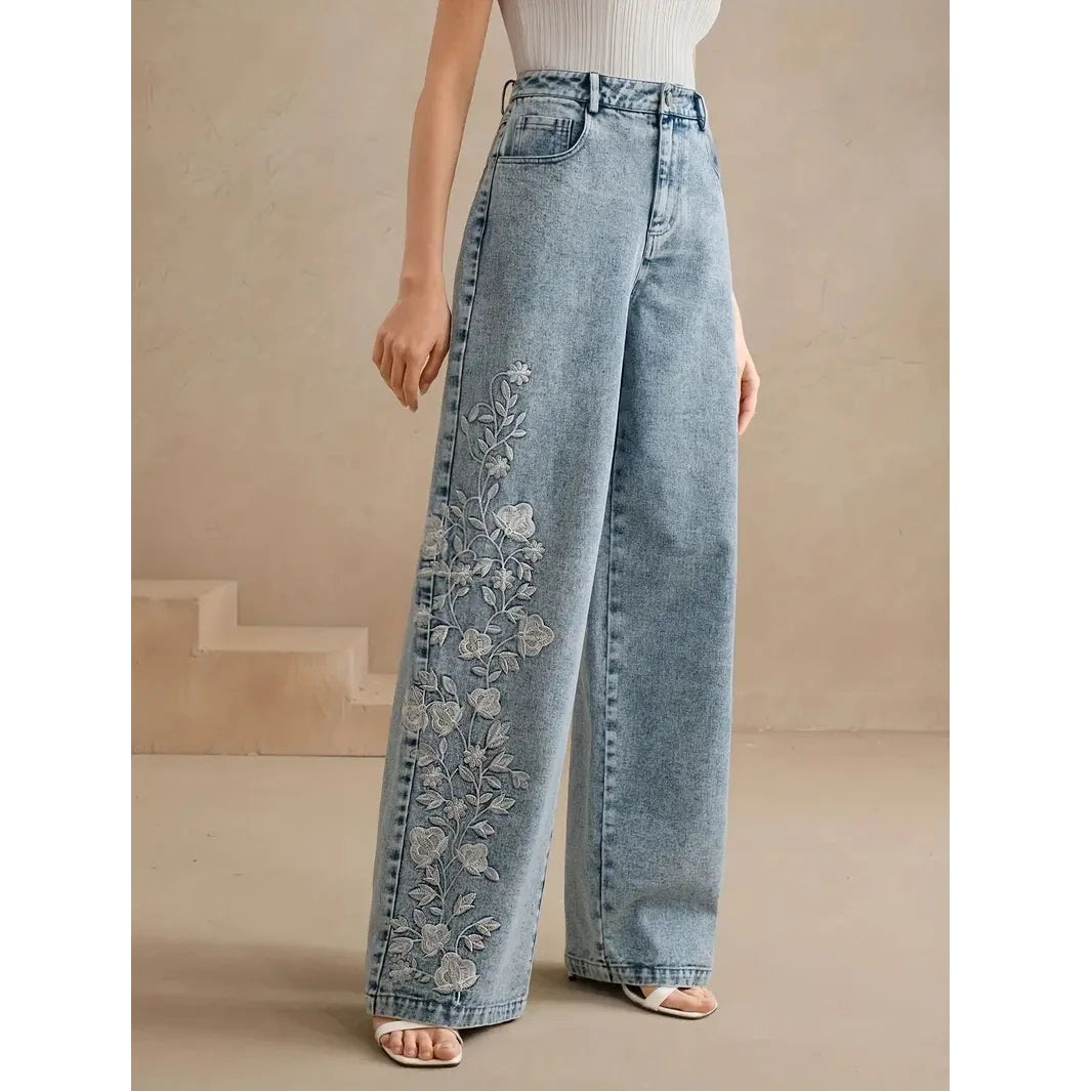Y2k Pants New 2025 Trend Jeans for Woman Plus Size Comfort Stretch Washed Denim Embroidery Design Fashion Straight Leg