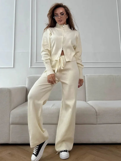 Wolfeel  New Autumn Winter Zip Up Knit Pants Set Women's Trendy Slim Fit Cardigan Pants Chic Commuting Sweater Outfit