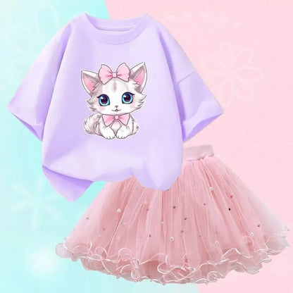 Cute Summer Girls Outfits Cartoon Cat T-shirt and Tutu Skirt 2pc/Set Girl Princess Clothes Suit Children Birthday Clothing