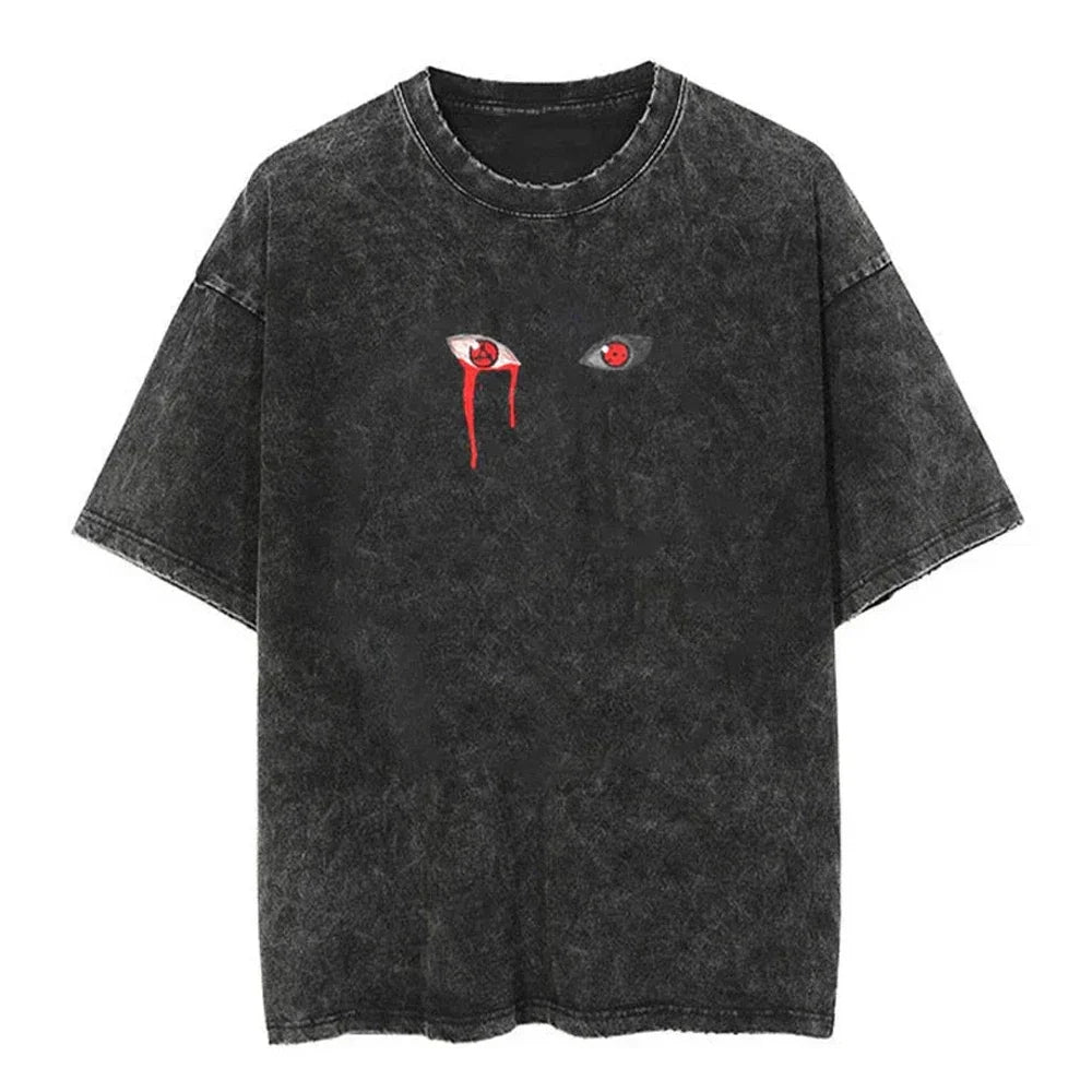 Men Streetwear Tshirt Japanese Naruto Anime Graphic T-Shirt Cotton Harajuku Washed T Shirt Summer Hip Hop Tops Tees Black