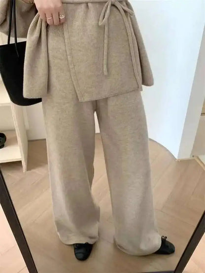 [EWQ] Fashion V-neck Long Sleeve Lace Up Sweater And High Waist Trousers Casual Women Knit Set Clothing 2025 Autumn New 16O1719