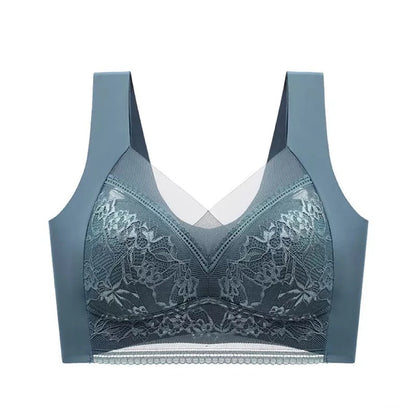 Plus Size Bra - Women's Lace Padded Comfort Bra With Ice Silk Fabric, Wire Free Support
