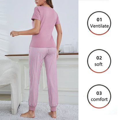 2Pcs Women Plus Size Pajamas Short-Sleeved White Striped Drawstring Trousers Student Homewear Suit Letter Print T-Shirt Ladies