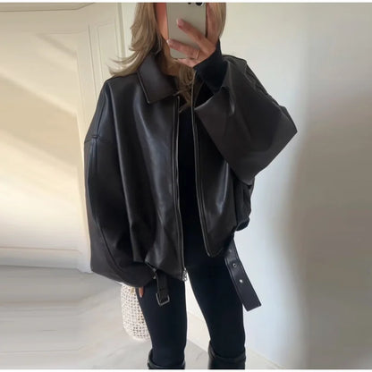 Vintage Leather Bomber Jacket – Women's PU Leather Zip Jacket With Belt & Patchwork Design