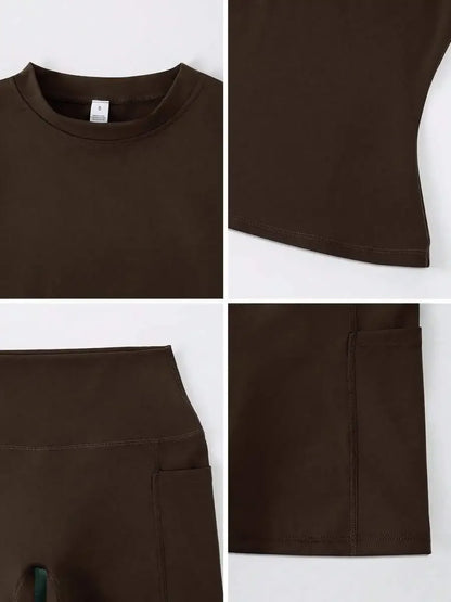 Women's Sweet Sports Short Sleeve High Waist Tummy Control Butt Lifting Shorts Set