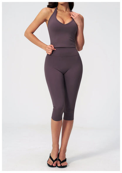 Women Tracksuit Yoga Set 2PCS Sports Set Short Sleeve Fitness Outfits Workout Clothes Running Capri Pants Gym Suit Athletic Wear