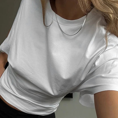 SUCHCUTE Solid Cotton O-Neck Pullover Waist Short Top Women Short-Sleeved Loose T-shirt Causal All-Match Shirts Summer Basic New