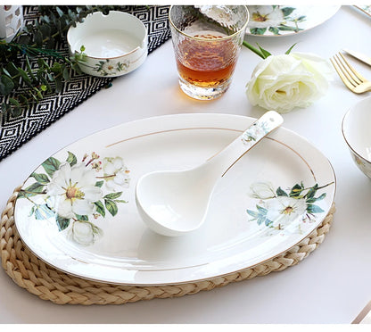 Bone China Dinnerware Set - Floral Ceramic Plates Bowls  Soup Pots