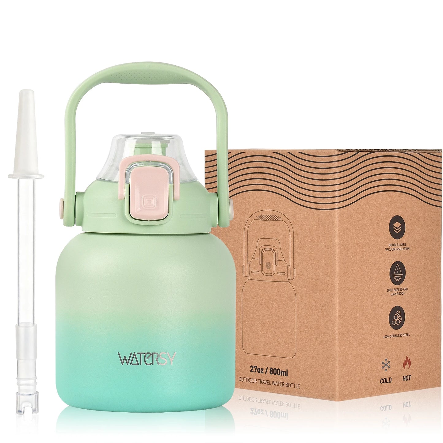 WATERSY 800ml Stainless Steel Water Bottle Double Wall Vacuum Insulated Thermal Cup with Straw & Handle, for Travel Gym Office