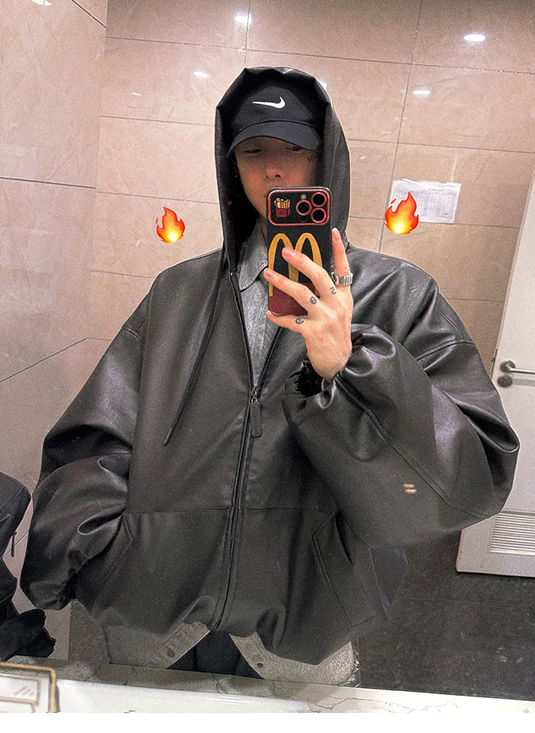 Mauroicardi Spring Autumn Short Oversized Black Soft Pu Leather Jacket Men with Hood Zipper Loose Casual Korean Fashion Clothes