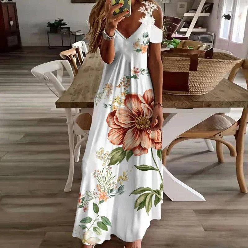 Women's Summer Dress - Sleeveless Printed White Lace Floor-Length Suspender Dress