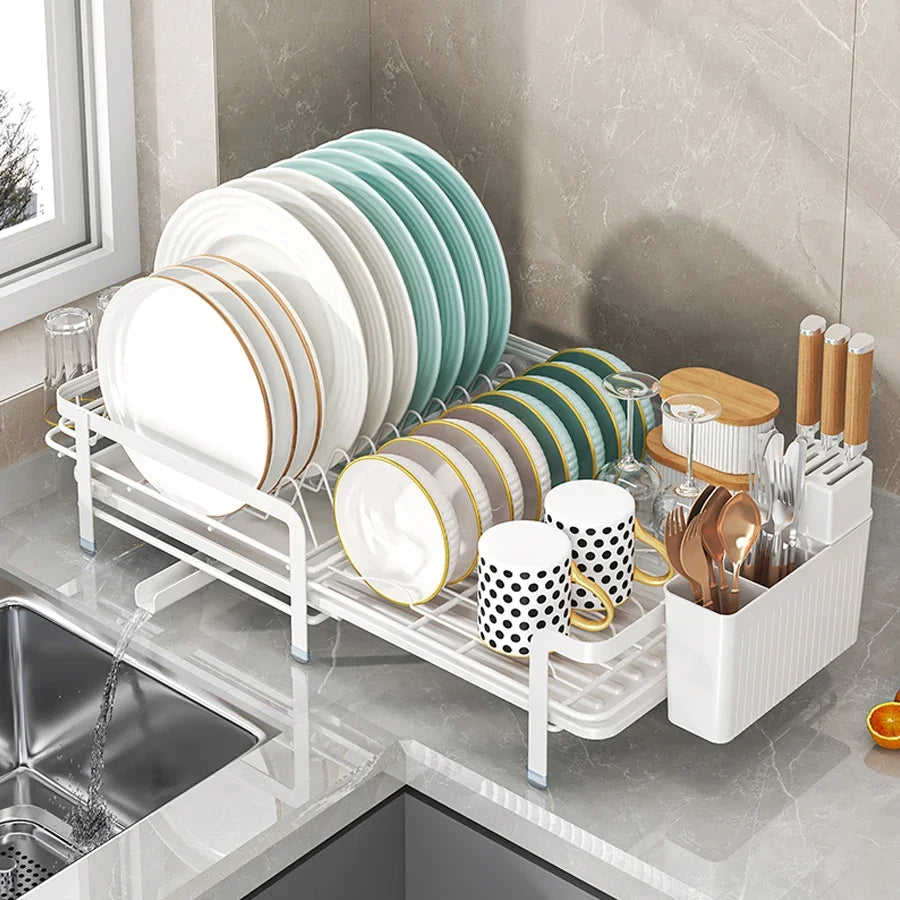 Expandable Dish Drainer - Adjustable Kitchen Rack with Drainboard, Utensil & Cup Holder