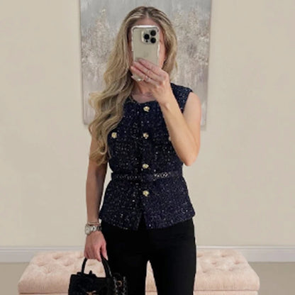 HXAO Women's Vest Summer 2025 Blue Off White Black Vest Textured Waistcoat Woman Button Sleeveless Vest Women Fashion Outerwears