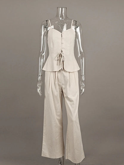 Mueyaruho Women 2026 Summer Office Pant Set Suits Solid Beige Outfits 2 Two Piece Wide Leg Matching Set For Women