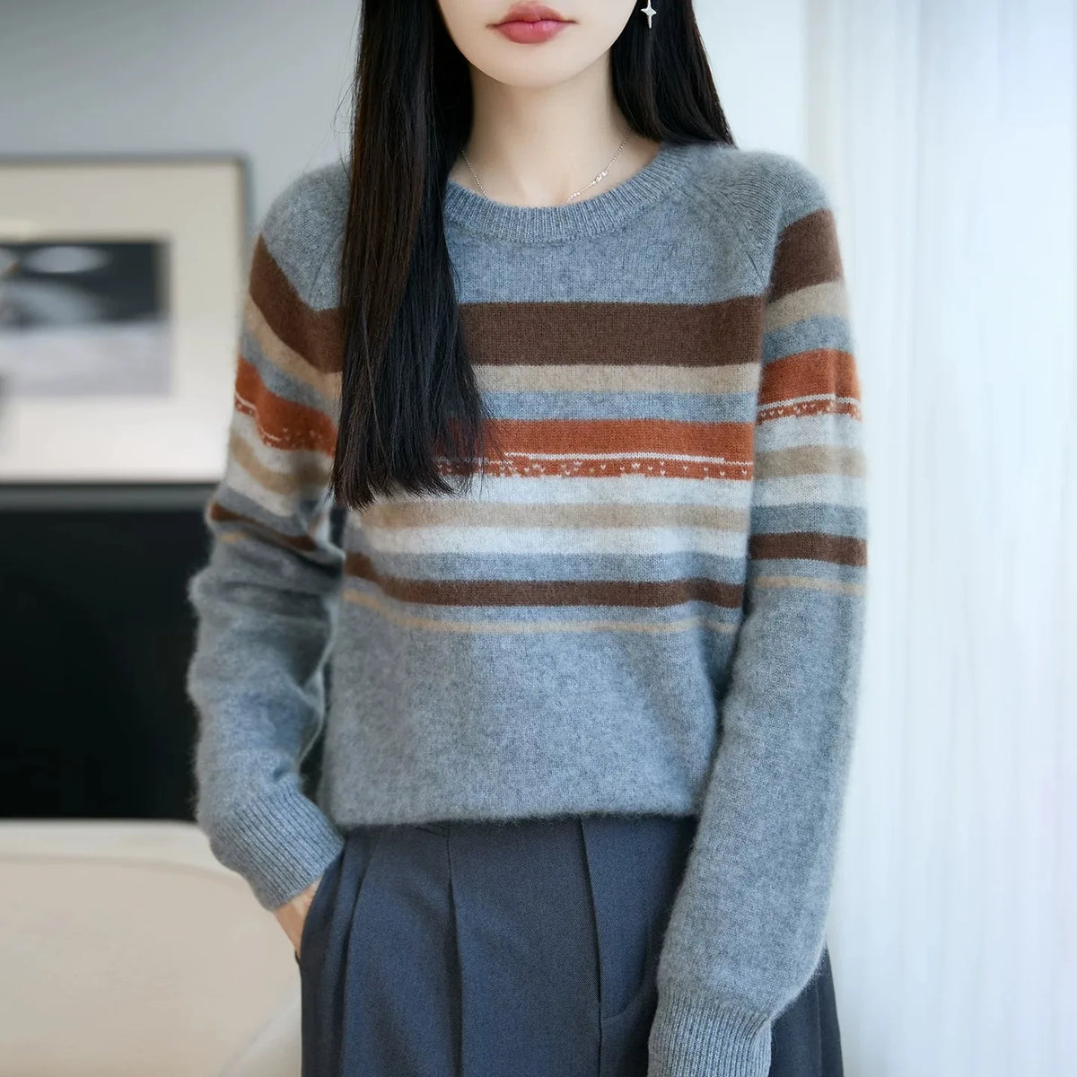 Autumn and winter 100% pure wool striped retro style round-neck wool knit women's long-sleeved versatile sweater top
